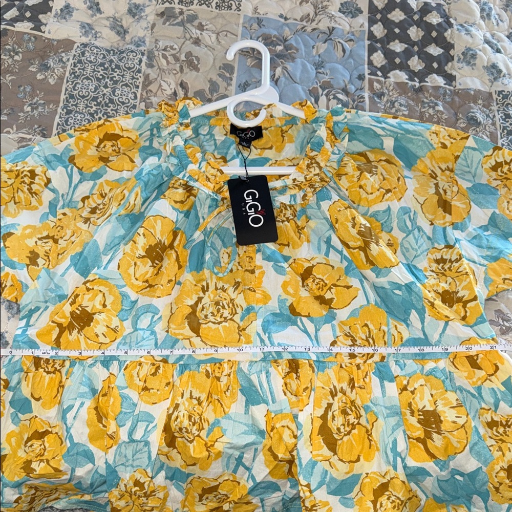 G.O.Q Floral Ruffle-Neck Peplum Blouse in Yellow & Light Blue - Picture 5 of 5